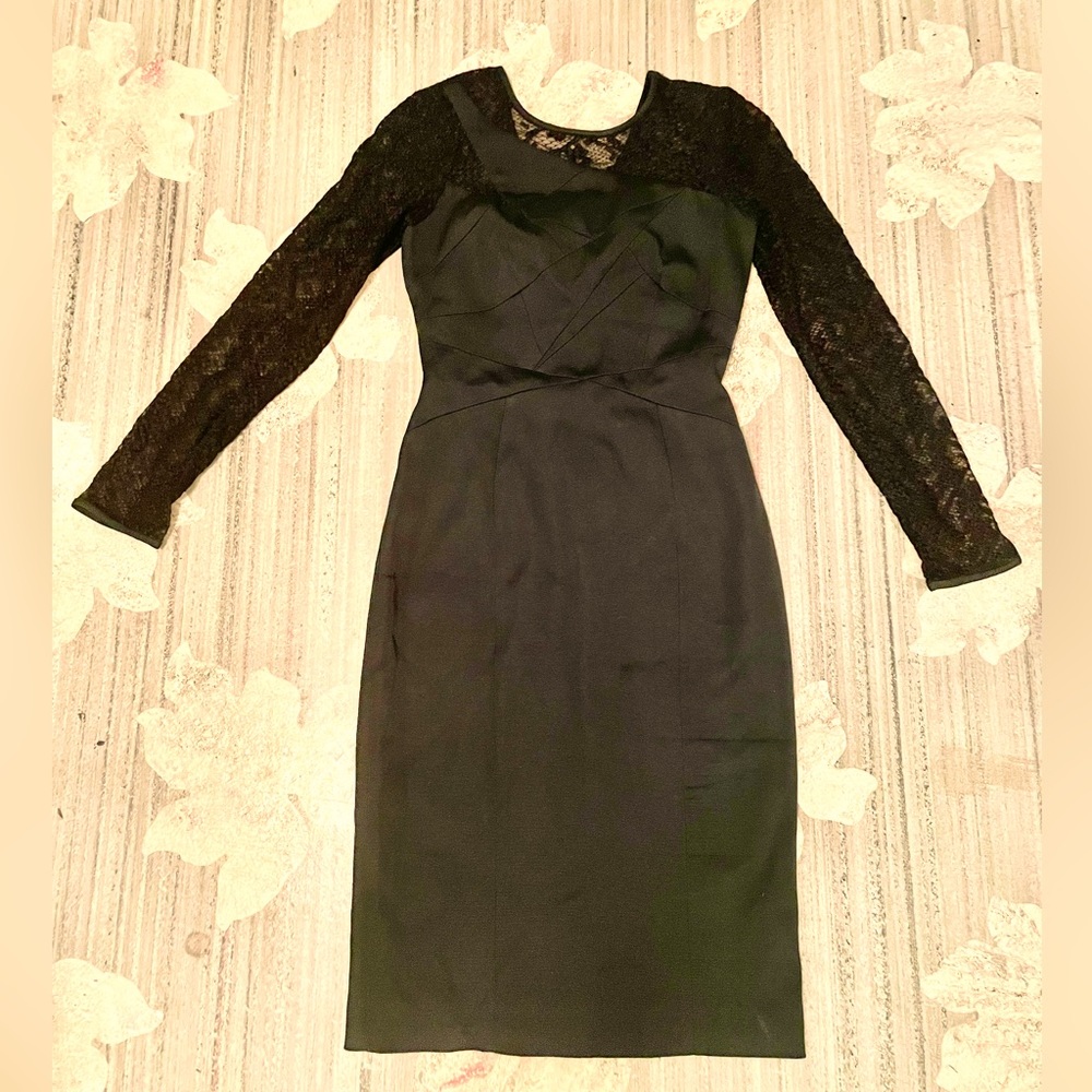 Karen Millen lbd black sheath evening dress long sleeve lace Small